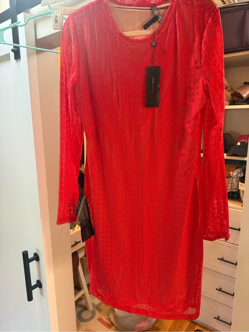 BCBGMaxAzria Red Lace Long-Sleeve Sheath Dress